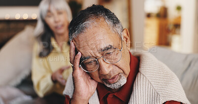 Buy stock photo Disappointed, senior man and divorce in house, couple and depression for argument, sad and living room. Mental health, conflict and elderly person with stress for separation, betrayal and break up