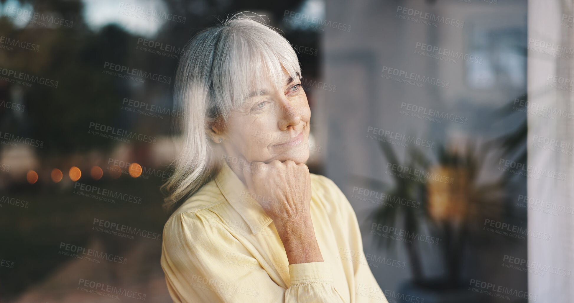 Buy stock photo Senior woman, smile and thinking at window with retirement planning, glass reflection and remember memory. Vision, old person or thoughtful in home with wondering, perspective and insight on decision