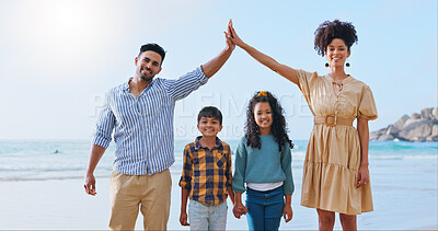 Buy stock photo Portrait, happy and family on vacation, beach and protection of children with cover, roof and hands. Outdoor, bonding and parents with safety for kids, man and woman with smile on summer holiday