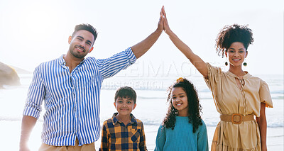 Buy stock photo Portrait, protection and family on vacation, beach and cover for children with smile, roof and hands. Outdoor, happy and parents with holiday insurance, safety and care for kids in nature or seaside