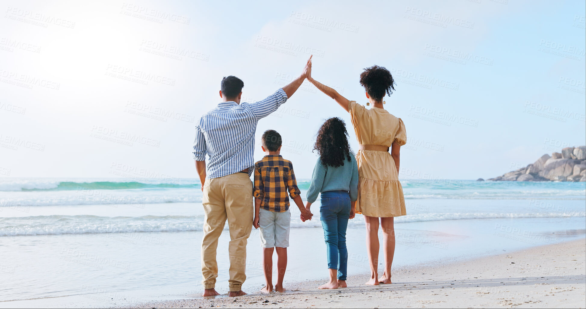 Buy stock photo Bonding, parents and hands together on holiday, beach and protection for children with cover and roof. Outdoor, woman and man with travel insurance, safety and view for family on vacation or back