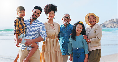 Buy stock photo Big family, children and portrait with smile at beach with love, pride and care with bonding on holiday. Grandparents, men and women with kids, happy and excited for vacation by ocean in Colombia