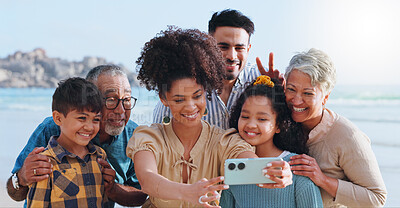 Buy stock photo Smile, family and selfie on beach outdoor for photography, vacation memory and social media post. Happy, people or kids with grandparents for profile picture update, ocean travel and bonding together