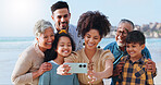 Happy, family and phone for selfie on beach for photography, vacation memory and social media post. Smile, people and children with mobile of profile picture update, ocean travel and bonding together