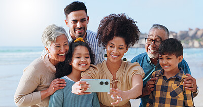 Buy stock photo Happy, family and kids with selfie on beach for photography, vacation memory and social media post. Smile, grandparents and children for profile picture update, ocean travel and bonding together