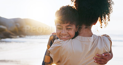 Buy stock photo Back, hug and mother with boy, beach and bonding together with vacation, embrace and journey. Parent, family and mama with son, ocean and summer holiday with tropical island, sunset and Zanzibar