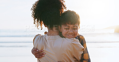 Buy stock photo Back, hug and mother with son, ocean and bonding together with vacation, explore and relationship. Parent, family and mama with embrace, beach or summer holiday with tropical island, smile or journey
