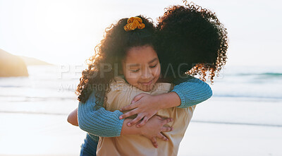 Buy stock photo Back, hug and mother with girl, ocean and bonding together with vacation, travel and journey. Parent, family and mama with daughter, beach and summer holiday with tropical island, embrace and waves