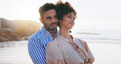 Buy stock photo Hug, love and couple on beach for sunset, romance and support on vacation for summer sea travel. Ocean, people and adventure with connection for commitment, care and holiday together on island
