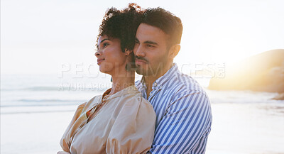 Buy stock photo Hug, love and couple on beach for travel, romance and support on vacation for summer with sunset. Ocean, people and adventure with connection for commitment, care and holiday together on island
