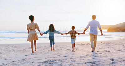 Buy stock photo Back, parents and holding hands with kids on beach for summer holiday, travel and bonding together. Family, children and space with ocean journey, tropical vacation and getaway adventure of weekend