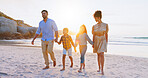 Parents, walk and holding hands with kids on beach for summer holiday, travel and bonding together. Family, children and journey on ocean for getaway, tropical vacation and adventure of weekend trip