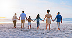 Back, big family and holding hands with kids on beach for summer holiday, travel and bonding. Space, parents and children for ocean journey, tropical vacation and getaway adventure of weekend trip