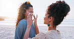 Mother, girl and sunscreen application at beach for uv protection, care and love on vacation in summer. Mom, child and lotion for face, skincare and bonding with smile by ocean on holiday in Brazil