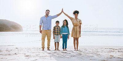 Buy stock photo Portrait, outdoor and family with smile, beach and protection of children with cover, roof and hands. Bonding, happy and parents with safety for kids, man and woman on summer holiday, sea or together