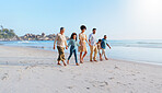 Big family, travel and holding hands with kids on beach for summer holiday, getaway and bonding. Space, people and children on ocean for journey, tropical vacation and generations for adventure trip