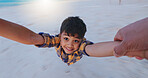 Boy, pov and parent with spin at beach with smile, portrait and holding hands for bonding on vacation. Child, swing and happy with games, care and playful with love by ocean on holiday in Mexico