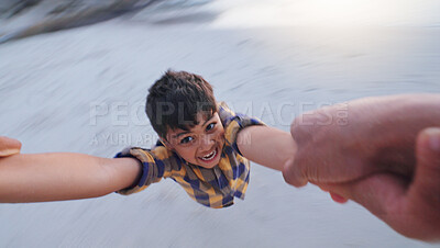 Buy stock photo Boy, pov and parent with swing at beach with smile, excited and holding hands for bonding on vacation. Child, spin and happy with games, care and playful with love by ocean on holiday in Mexico