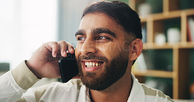 Buy stock photo Home, man and smile with thinking for phone call, communication and planning with contact. House, male person and happiness with positive thoughts for mobile, conversation and relax with connection