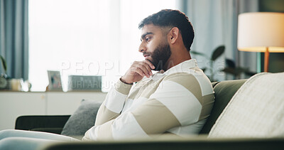 Buy stock photo Serious, thinking and man in living room with vision, planning or remember memory. Decision, reflection and person in home with deep thoughts for solution, problem solving or brainstorming with ideas