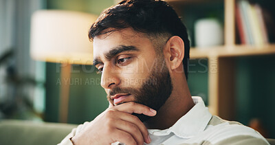 Buy stock photo Serious, thinking and man in home with decision, planning or remember memory. Vision, reflection and person in living room with thoughts for solution, problem solving and brainstorming with ideas