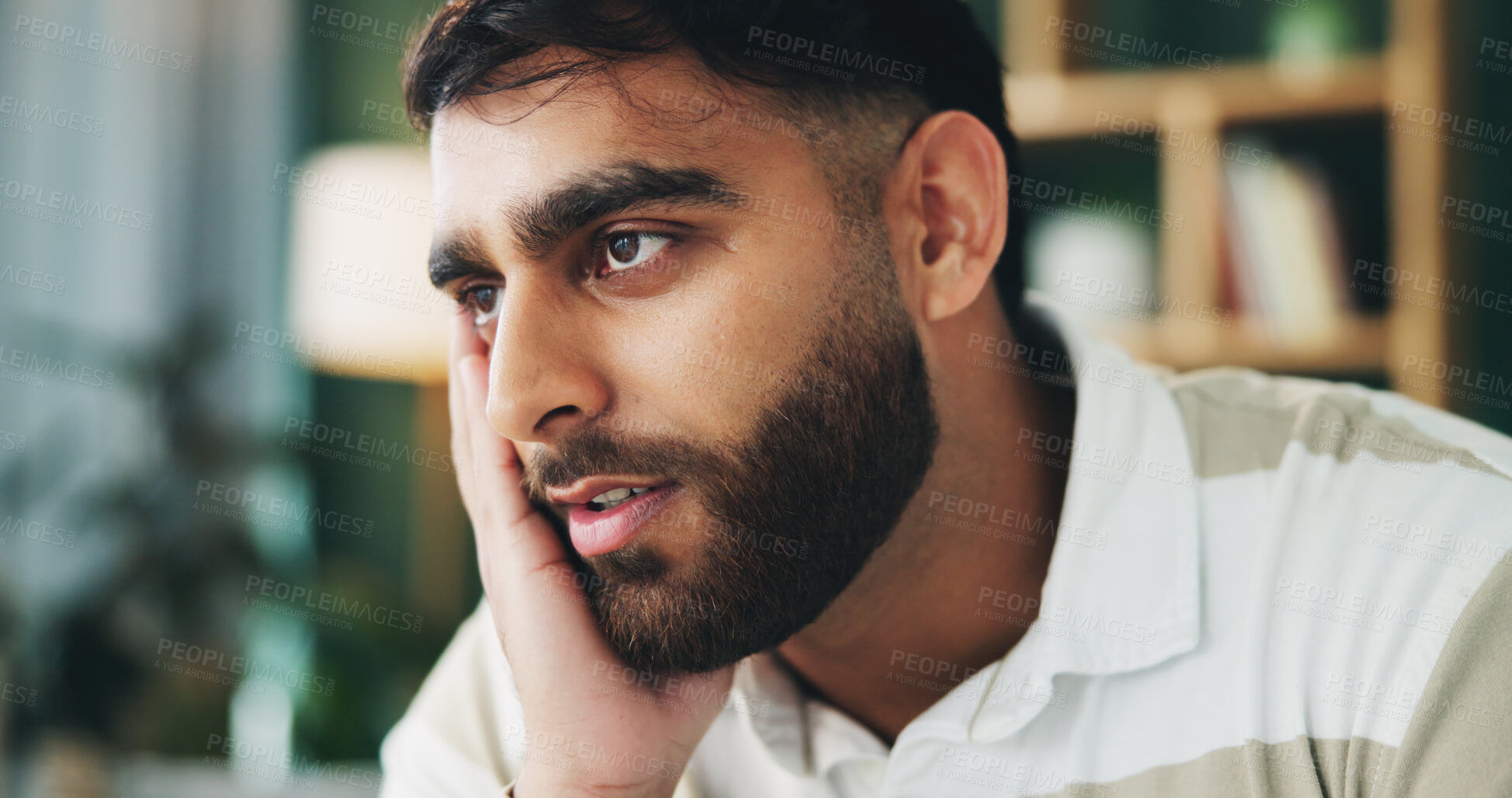Buy stock photo Home, thinking and sad man in lounge, depression and mental health with anxiety. Apartment, overwhelmed and person in living room, tired and fatigue with grief, stress and lonely with burnout or loss