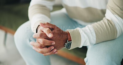 Buy stock photo Hands, nervous or man with mistake, anxiety or stress for debt crisis, unemployment or burnout in home. Waiting, personal loan or jobless person with depression, psychological disorder and closeup