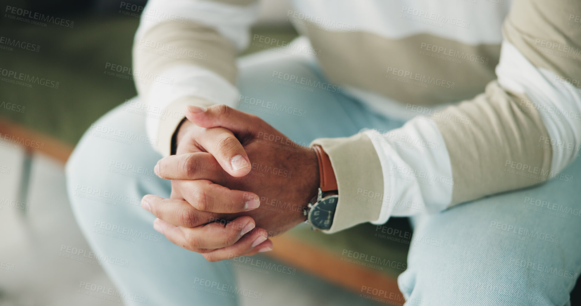 Buy stock photo Hands, nervous or man with mistake, anxiety or stress for debt crisis, unemployment or burnout in home. Waiting, personal loan or jobless person with depression, psychological disorder and closeup