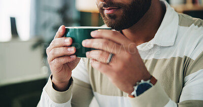Buy stock photo Home, man and hands with coffee to drink, warm beverage and espresso in living room on weekend. House, male person and relax with aroma smell for matcha, tea cup and comfortable on couch in lounge