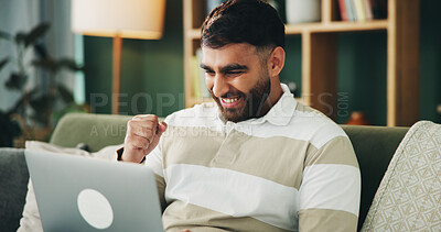 Buy stock photo Man, fist pump and laptop on sofa with celebration, excited and winning with online giveaway in home. Person, computer and happy with goals, success and profit with investment in living room at house