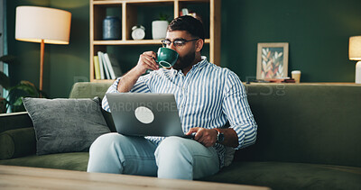 Buy stock photo Man, drink and coffee with laptop at house for morning start, research and schedule update of article. Male person, beverage and online information, reading feedback and editing story for publication