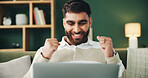 Man, fist pump and laptop on couch with celebration, excited and winning with online giveaway in home. Person, computer and happy with goal, success and profit with investment in living room at house