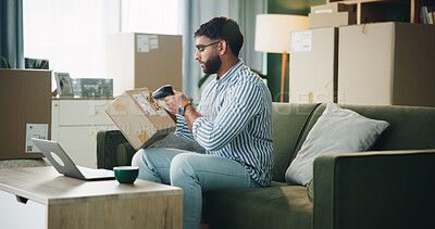 Buy stock photo Home, small business and man with box, scanner and machine for label and address. Laptop, entrepreneur and person in apartment with package, stock or barcode for inventory management or dropshipping