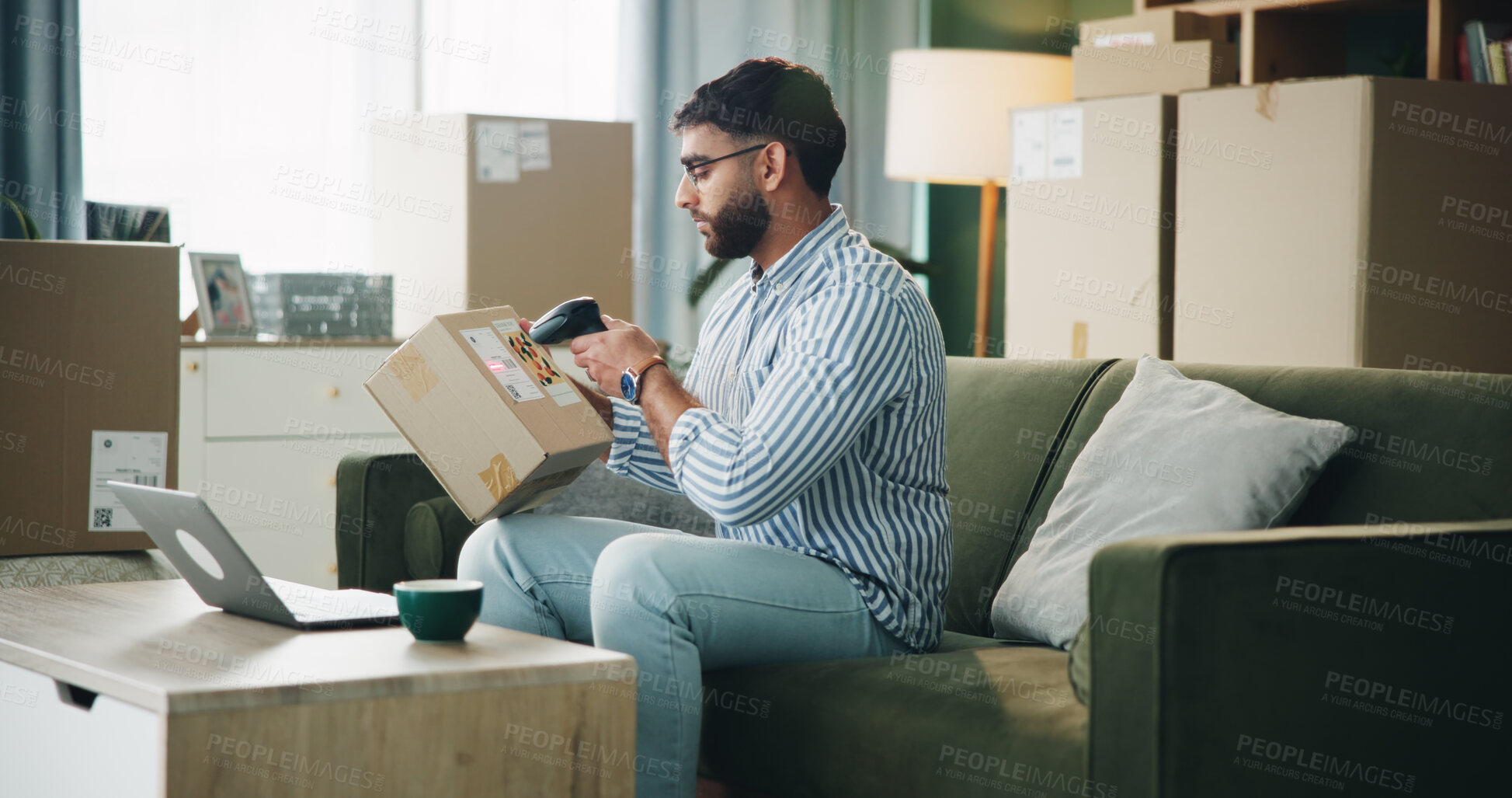 Buy stock photo Home, small business and man with box, scanner and machine for label and address. Laptop, entrepreneur and person in apartment with package, stock or barcode for inventory management or dropshipping