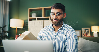 Buy stock photo Box, package and man with laptop on sofa for delivery for online shopping, ecommerce and shipping. Happy, living room and person with parcel on computer for checklist, digital receipt and invoice