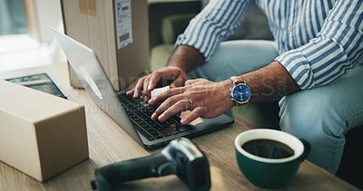 Buy stock photo Logistics, laptop and hands of man in small business for website update, inventory management and email at boxes. Entrepreneur, tech or typing in startup for tracking order, client invoice or service