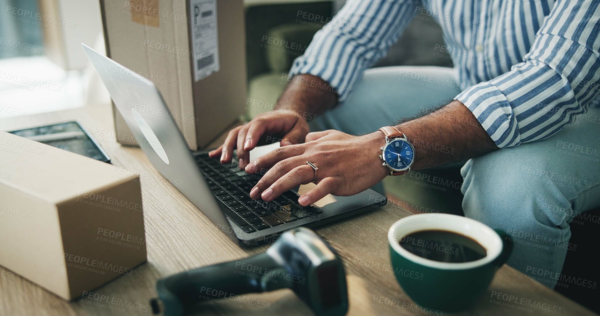 Buy stock photo Logistics, laptop and hands of man in small business for website update, inventory management and email at boxes. Entrepreneur, tech or typing in startup for tracking order, client invoice or service
