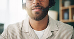 Mouth, man and headset for remote work, customer service or tech support in home. Agent, help and lips for communication, consulting or freelancer troubleshooting for software solution for IT on call