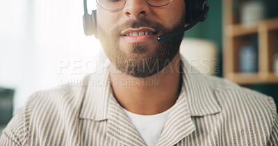 Buy stock photo Mouth, man and headset for remote work, customer service or tech support in home. Agent, help and lips for communication, consulting or freelancer troubleshooting for software solution for IT on call