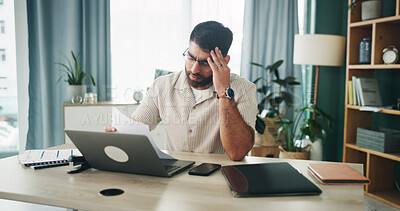 Buy stock photo Remote work from home, headache and man with computer, fatigue or overwhelmed with deadline. Person, freelancer or documents with laptop, burnout or exhausted with migraine, low energy or sleepy mood