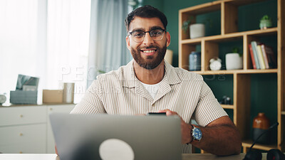 Buy stock photo Home, man and laptop with smartphone in portrait, chat and online story for freelancer. House, remote work and content writer with technology for research, social media and article website in office
