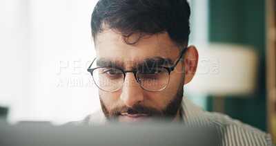 Buy stock photo Home, remote work and man with laptop for reading, solution and online story for publication. House, freelancer and content writer with tech for research, problem solving or article website in office