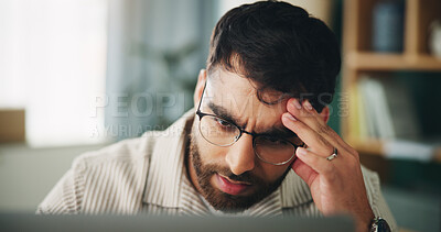 Buy stock photo Remote work, man and stress in home with laptop, mistake and project crisis in startup. Entrepreneur, mental health and tech in living room with network error, headache and upset for business debt