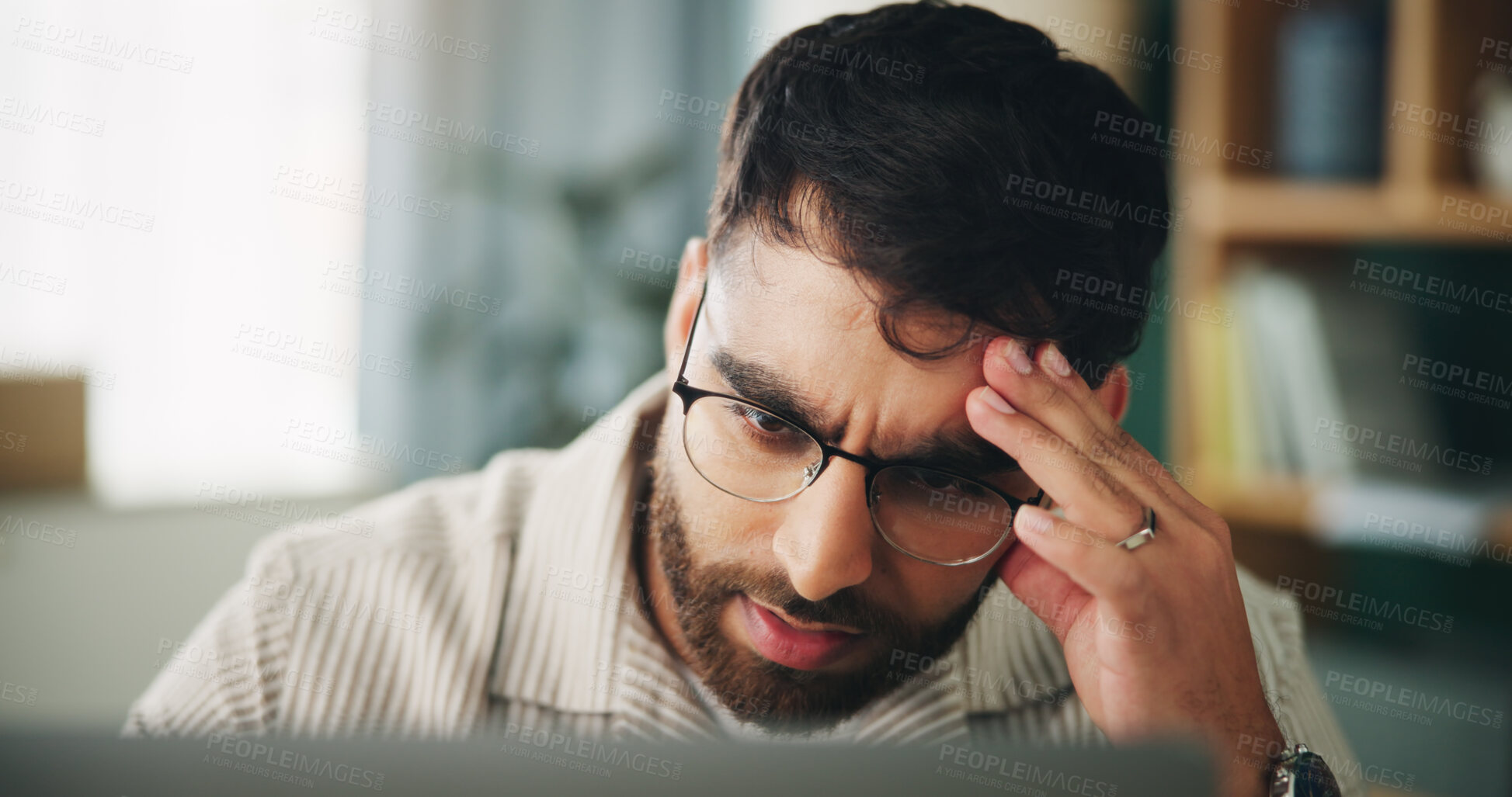 Buy stock photo Remote work, man and stress in home with laptop, mistake and project crisis in startup. Entrepreneur, mental health and tech in living room with network error, headache and upset for business debt