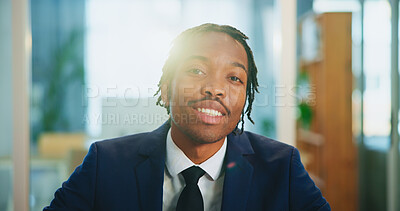 Buy stock photo Happy, business and portrait of black man in office with confidence for corporate career growth. Smile, face and African male financial advisor from Kenya with pride for job development in workplace.