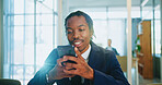 Phone, business and happy black man in office to check email, message or investment banking. Mobile, worker and reading report online for financial news, economy or update on internet with chat app