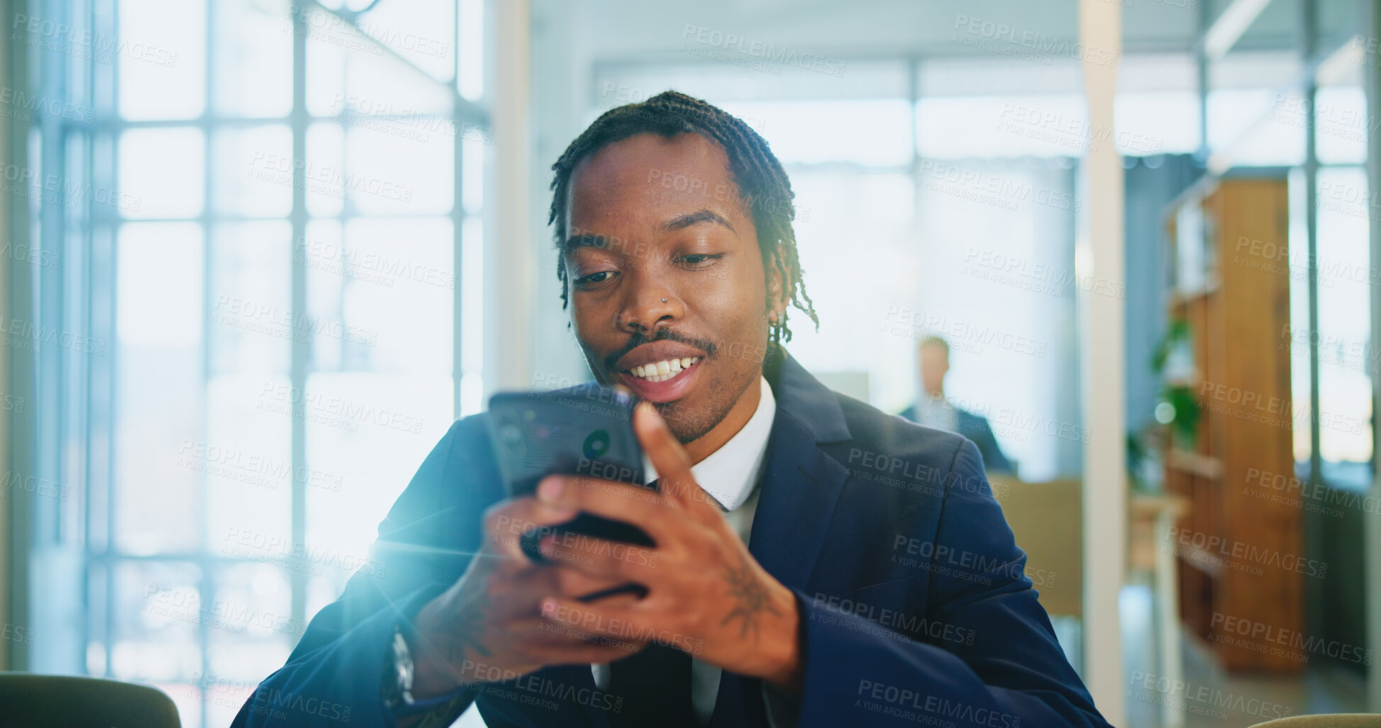 Buy stock photo Phone, business and happy black man in office to check email, message or investment banking. Mobile, worker and reading report online for financial news, economy or update on internet with chat app