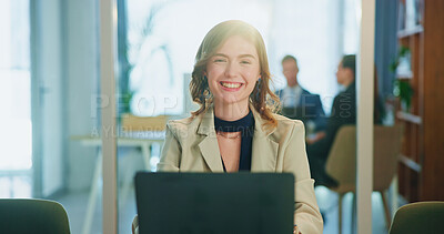 Buy stock photo Laptop, portrait and happy business woman in office for investment banking career. Smile, professional and confident worker with computer for financial news, economy update or coworking on internet