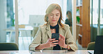 Phone, business woman and reading in office to check email, message and accounting budget. Mobile, worker and communication with chat app for financial news, bookkeeping and review schedule online
