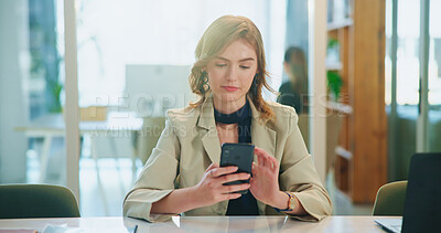 Buy stock photo Phone, business woman and reading in office to check email, message and accounting budget. Mobile, worker and communication with chat app for financial news, bookkeeping and review schedule online